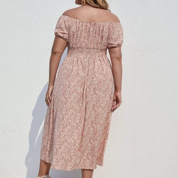 Boho Plus Floral Print Off Shoulder Slit Maxi Dress - Picture 5 of 5